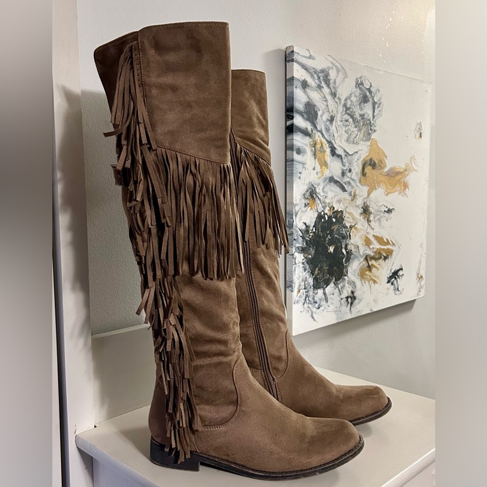 Faux Suede Fringe Over the Knee Boots